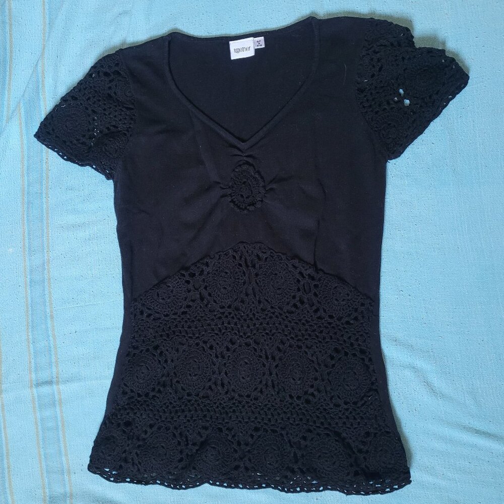 Black Crochet, Embroidery Short Sleeve T-Shirt, y2k